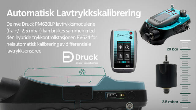 De nye Druck PM620LP lavtrykksmodulene (fra +/- 2,5 mbar) kan brukes sammen med den hybride trykkontrollstasjonen PV624 for helautomatisk kalibrering av differensiale lavtrykksensorer.

